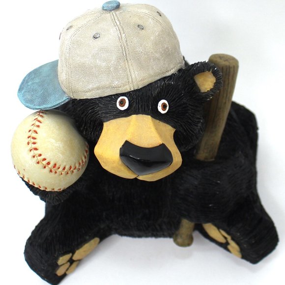 Black Bear Piggy Bank Coin Bank Baseball Cap And Baseball Bat Rare Resin - Picture 5 of 6